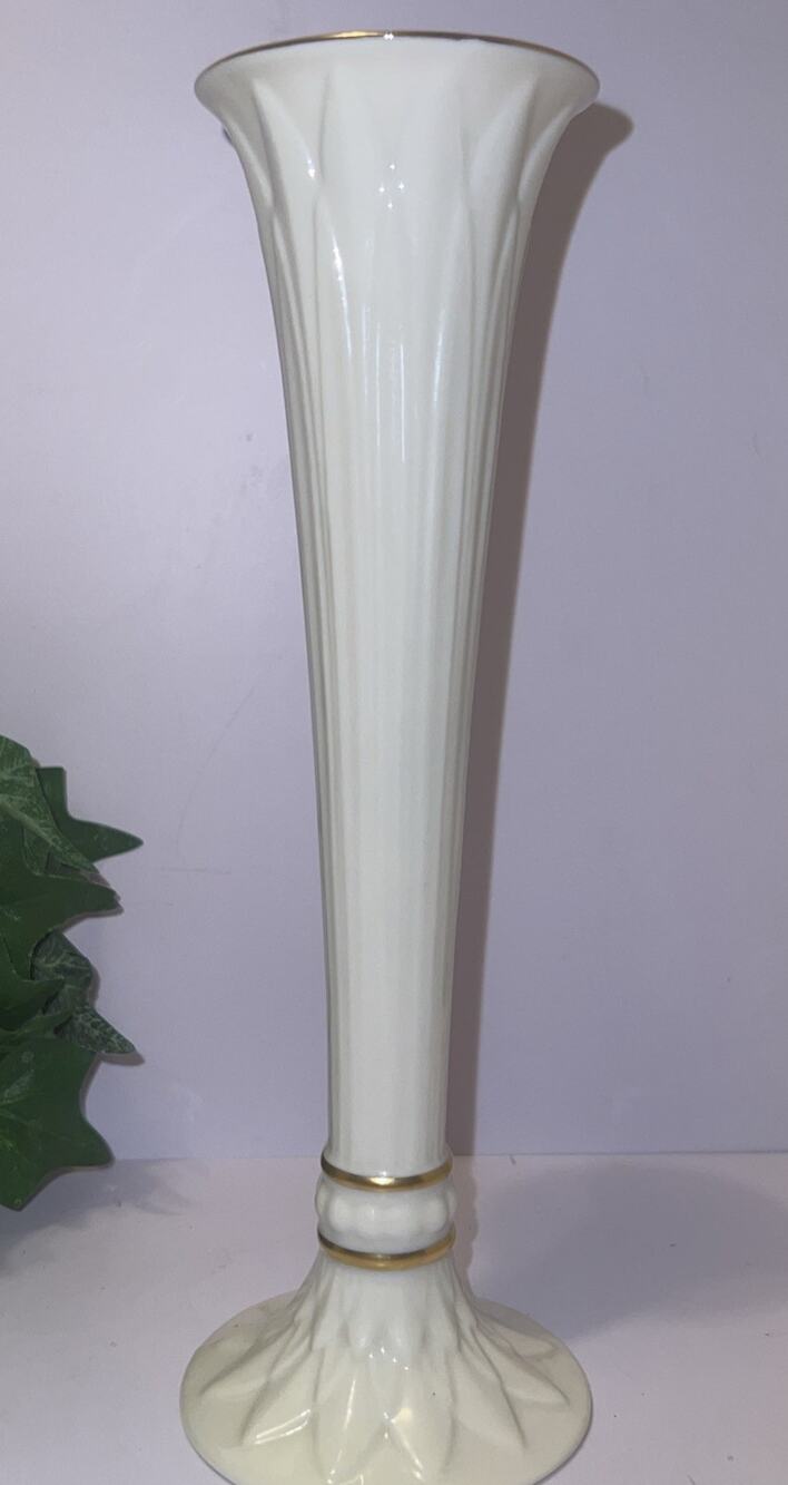 Lenox Tivoli Fluted Bud Vase - Gold Trim - 9" H x 2.5" W @ Top 3" W@Base